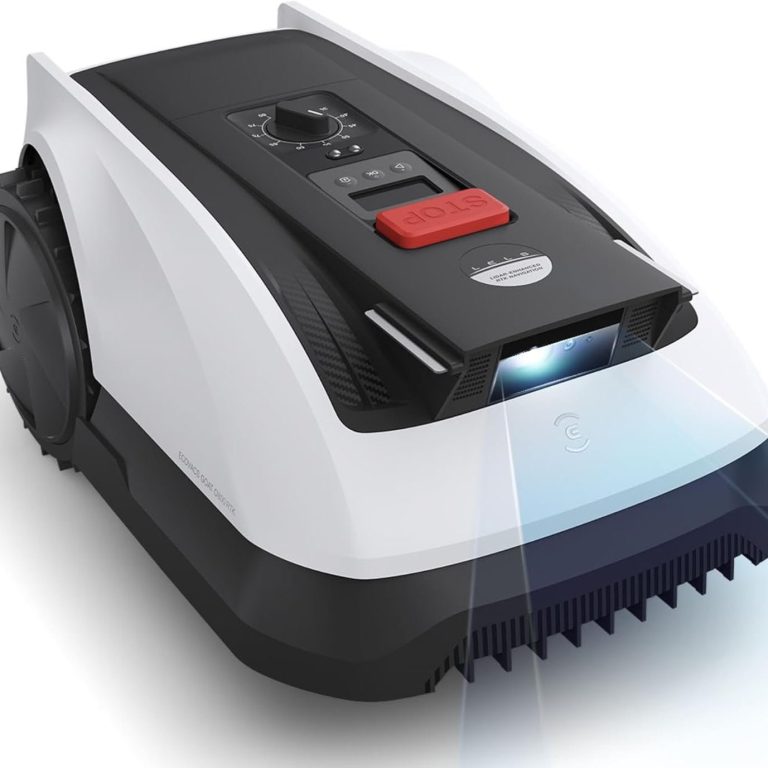 Rasenroboter in Schwarz und Weiß mit Steuerpanel und Beleuchtung.