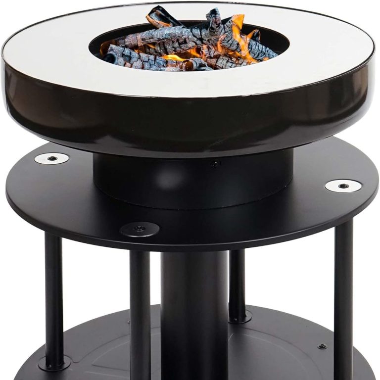Runder Feuertisch mit offenem Feuer und schwarzem, modernem Design.