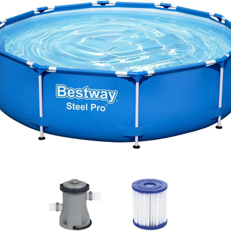 Rundes, blaues Aufstellpool-Set von Bestway mit Filter und Zubehör.