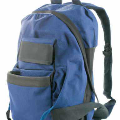 Blauer Rucksack mit Fronttasche und gepolsterten Schultergurten.