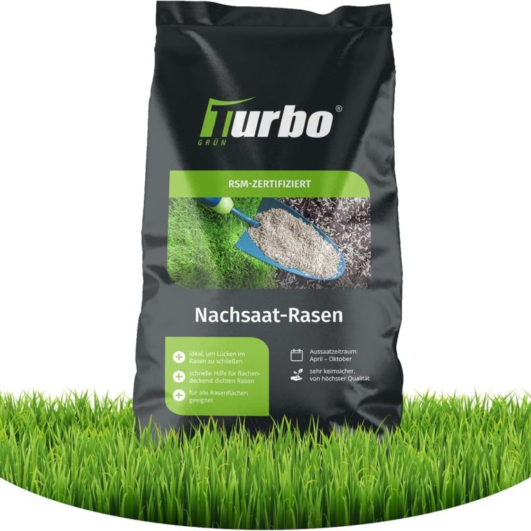 Schwarze Verpackung mit grüner Schrift für Nachsaat-Rasen von Turbo.