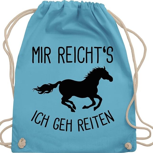 Türkisfarbener Beutel mit schwarzem Pferdemotiv und dem Spruch "Mir reicht's, ich geh reiten".