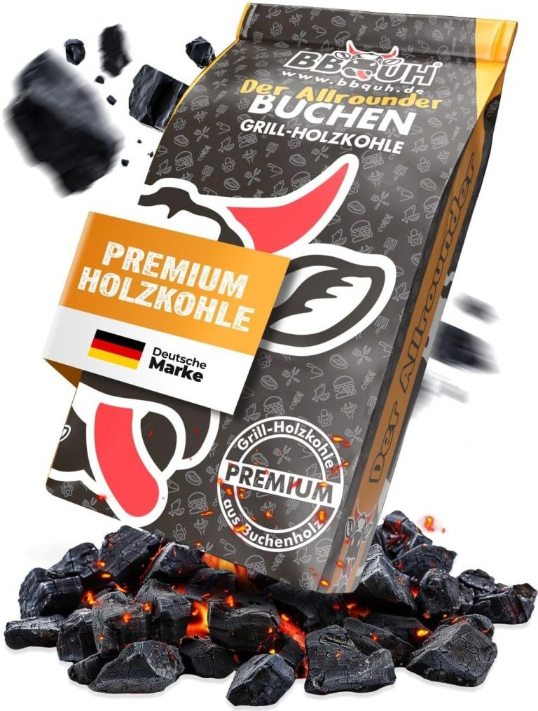 Premium Buchen-Holzkohle, verpackt in einem schwarzen Beutel mit orangefarbenem Etikett.