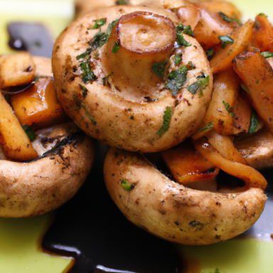 Gebratene Champignons mit Apfelstücken und Kräutern auf einem grünen Teller.