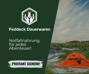 Oranger Campingzelte am Wasser, dazu der Slogan: "Notfallnahrung für jedes Abenteuer!"