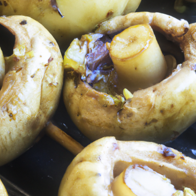 Gefüllte Äpfel mit Schokoladenstücken und Nüssen auf einem Backblech.