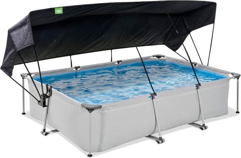 Aufblasbares Schwimmbecken mit schwarzem Sonnenschutzdach und klarem Wasser.